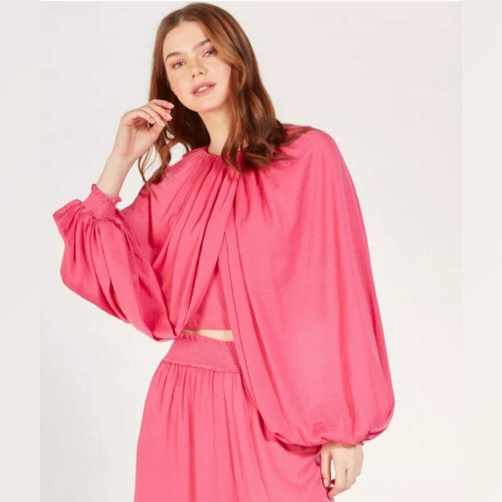 ZARA Bloggers Favorite Balloon Sleeve Crop Top Drapey Crossover‎ Hot Pink Sz XL